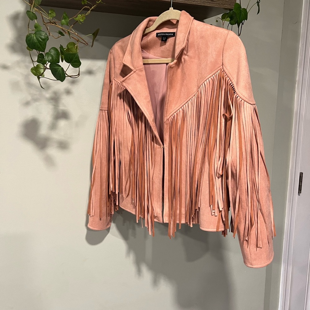 Tan Suede like Jacket with Fringe Details - Picture 3 of 4